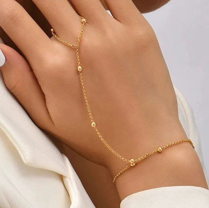 Stainless Steel All-Season Minimalist Hand Harness Bracelet for Women – Elegant Chain with Attached Finger Ring & Adjustable Fit