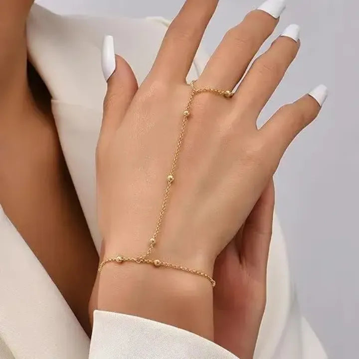 Stainless Steel All-Season Minimalist Hand Harness Bracelet for Women – Elegant Chain with Attached Finger Ring & Adjustable Fit
