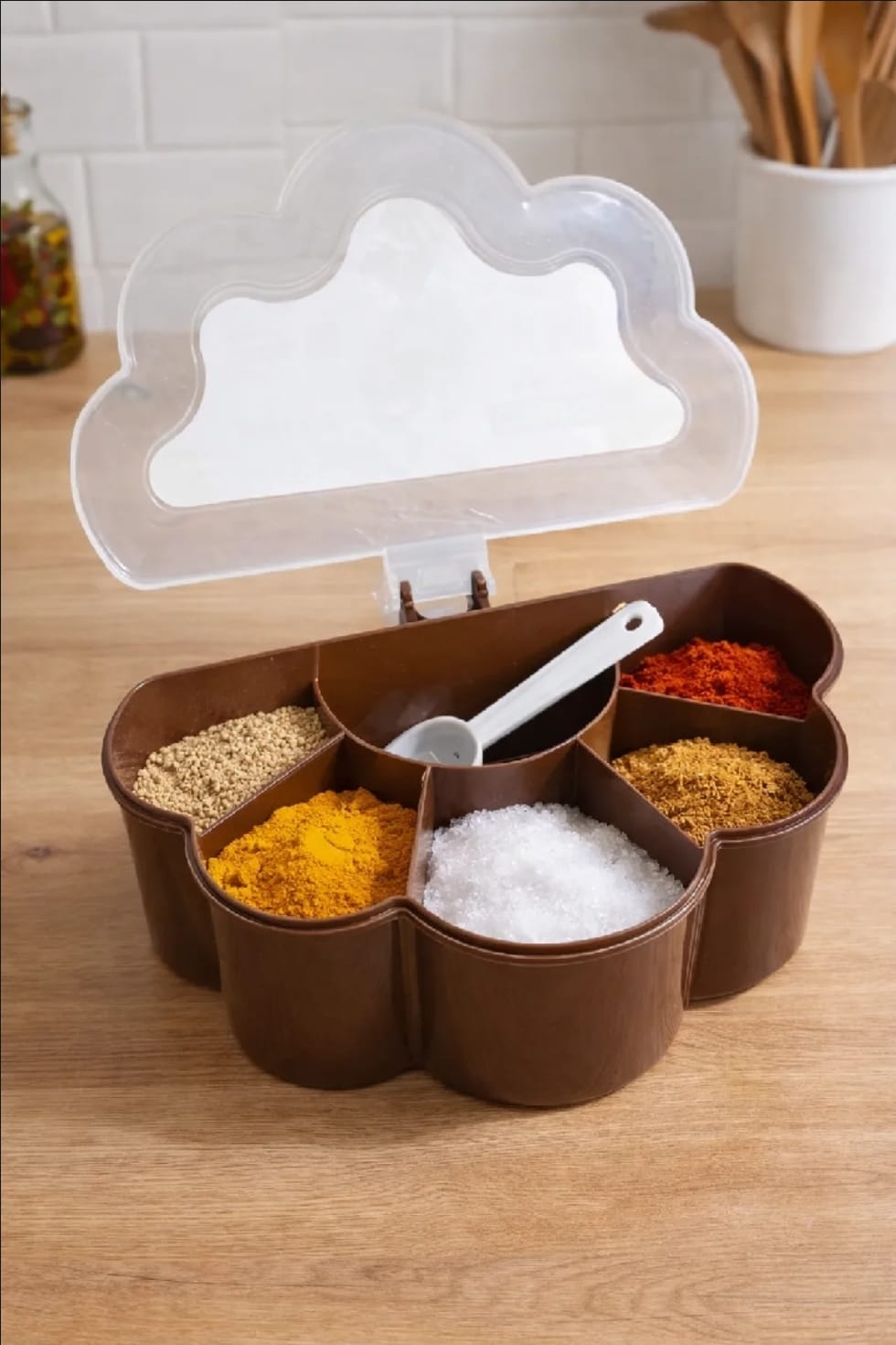 6 In 1 Partition Kitchen Seasoning Box Flower Shape Masala Box Set 6 Grid Portion