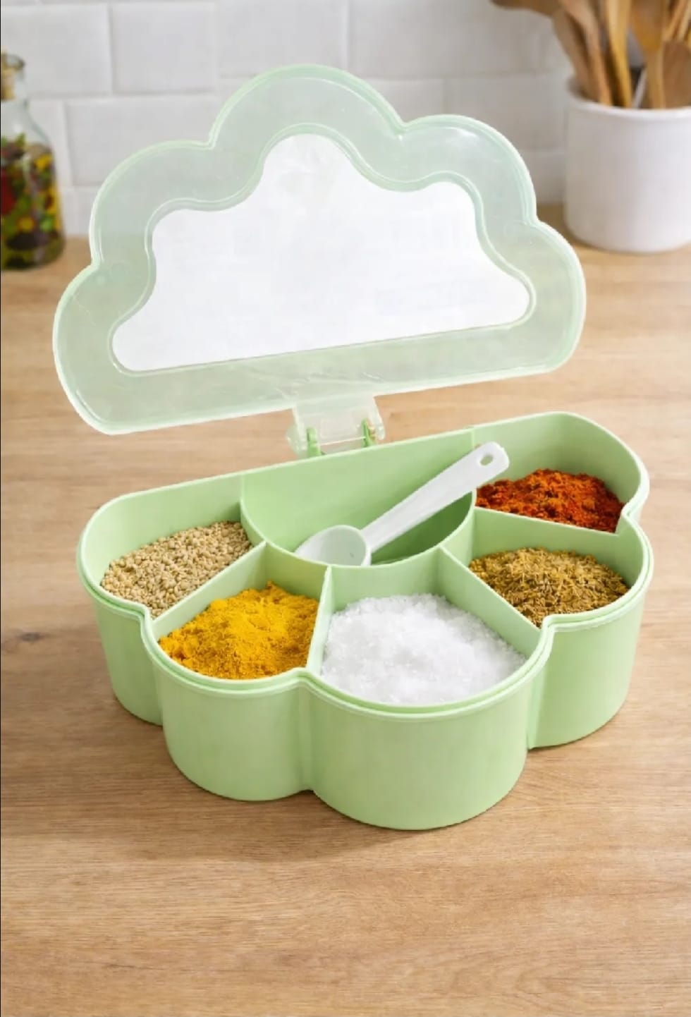 6 In 1 Partition Kitchen Seasoning Box Flower Shape Masala Box Set 6 Grid Portion
