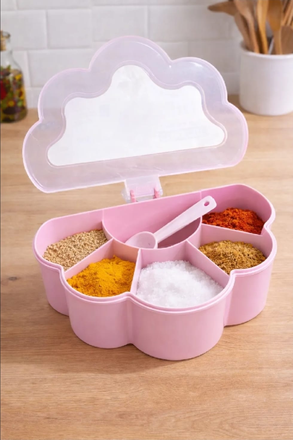6 In 1 Partition Kitchen Seasoning Box Flower Shape Masala Box Set 6 Grid Portion
